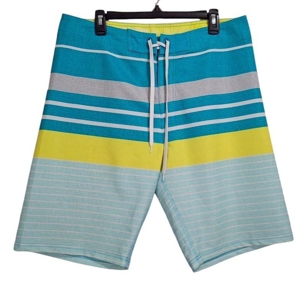 Old Navy California Board Shorts 34 Blue Yellow Striped Unlined Surf Swimwear